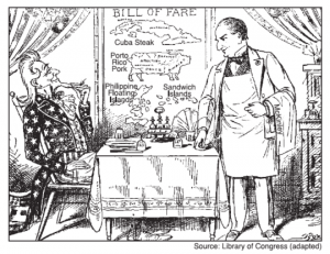This cartoon shows President McKinley serving Uncle Sam (USA) the leftovers of the Spanish American war and Dollar Diplomacy.