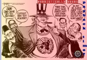 This Propaganda shows how uncle Sam joined the the united Nations in the end of world war 2 in 1947. the image shows how big and strong America has been and how the united nations had been supported by united states along.