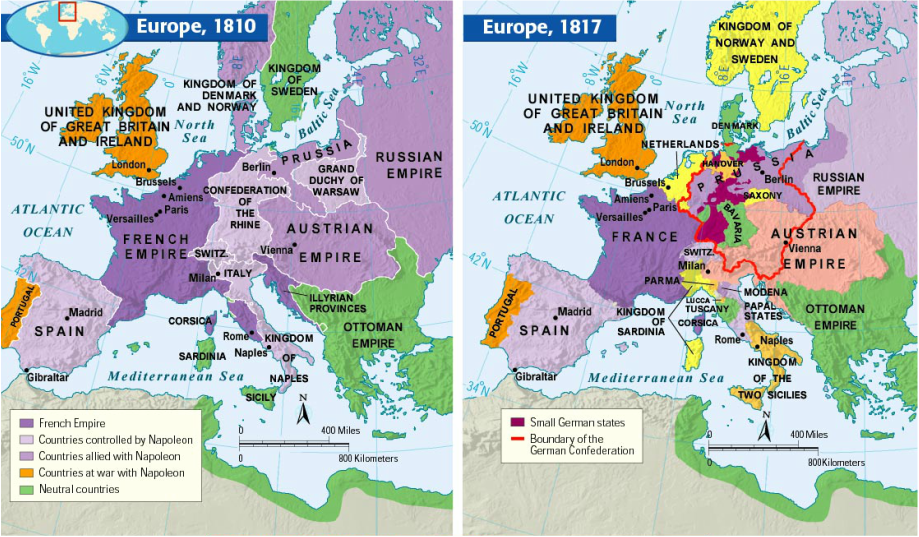 Image result for Napoleon's empire compared to Congress of Vienna boundaries