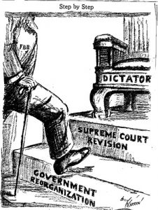 This image shows how some saw the increase in SOCIALISM in America with FDR's NEW DEAL.  When the government takes steps to control the economy and revise the court's interpretation of the law the next step can be dictatorship.  Fortunately America's checks and balances kept our socialism democratic.