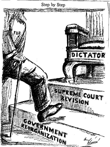 This image shows how some saw the increase in SOCIALISM in America with FDRs NEW DEAL.  When the government takes steps to control the economy and revise the courts interpretation of the law the next step can be dictatorship.  Fortunately Americas checks and balances kept our socialism democratic.