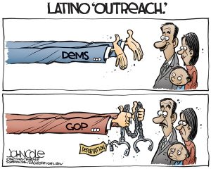 This cartoon shows the big differences between the Republicans and the Democrats in their statements about Latino immigrants.