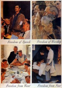 Norman Rockwell was a famous American artist in the 1940s and 1950s. He created this symbolic poster of FDR's "Four Freedoms".