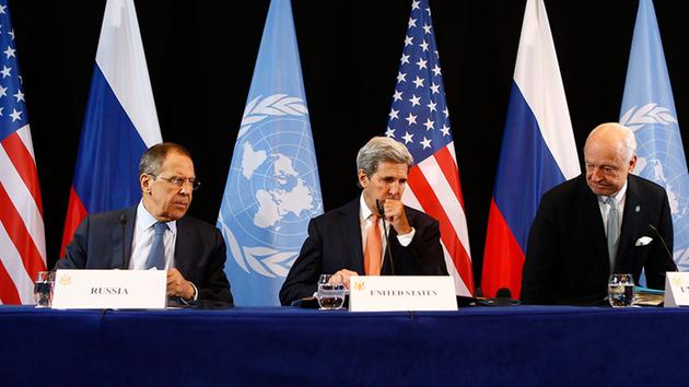 U.S. Secretary of State John Kerry, center, Russian Foreign Minister Sergey Lavrov, left, and UN Special Envoy for Syria Staffan de Mistura, right, announce Syria ceasefire.