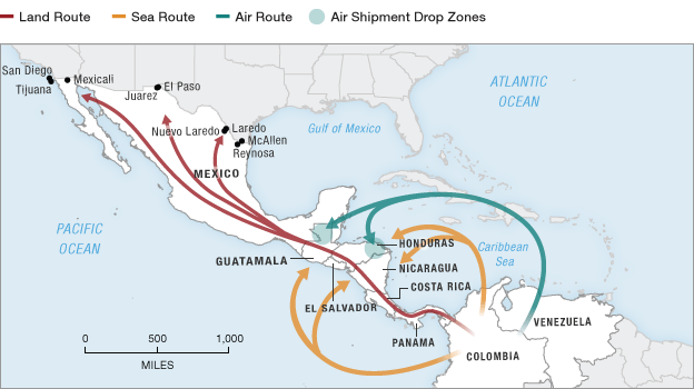 Map of drug trafficking in Central America