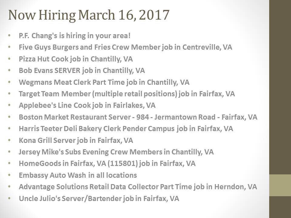 Now Hiring March 16, 2017
