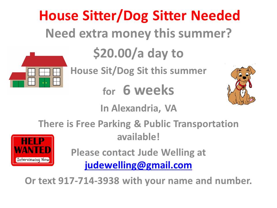 Needed:  House Sitter/Dog Sitter in Alexandria, VA