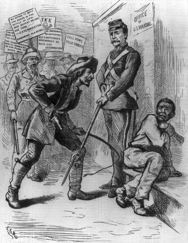 This political cartoon from an 1875 issue of Harpers Weekly was a response to calls for removing federal troops from the South during the Reconstruction period. It was printed with a quote from a Birmingham News editorial threatening extermination of African Americans in the South and depicts a United States Army soldier standing between a cowering African American and a threatening former Confederate.Courtesy of the Library of Congress