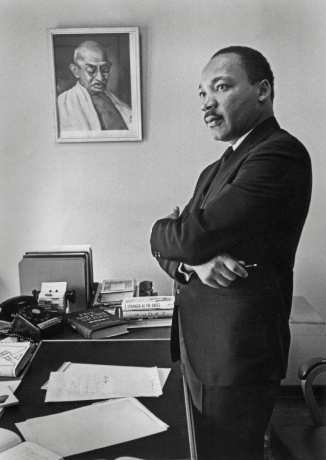 Bob Fitch photography archive, © Stanford University Libraries      Dr. Martin Luther King Jr. traveled to India in 1959.  Gandhi’s philosophy directly influenced King, who first employed strategies of nonviolent direct action in the 1955 to 1956 Montgomery bus boycott.