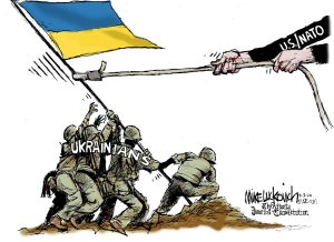Ukraine’s army and civilian population are putting up a fierce fight, with support and weapons from NATO and the European Union. Mike Luckovich of the Atlanta Journal-Constitution celebrates their valor and resolve by visually echoing the famous World War II photograph of U.S. Marines raising the U.S. flag over Iwo Jima.