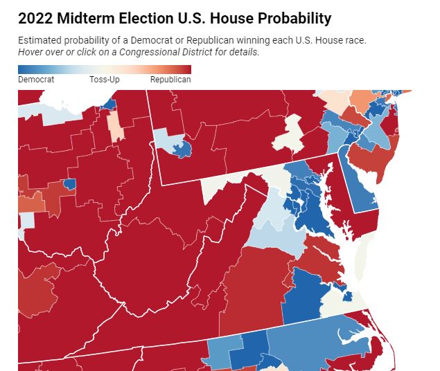 This map shows the districts in Virginia that are solidly Republican (RED) and Democrat (BLUE) as well as the lighter swing votes districts.  There are 11 House districts in VIrginia.