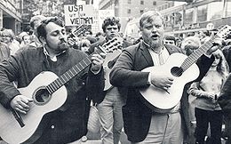 Cornelis Vreeswijk, Fred Åkerström, Gösta Cervin in a protest march against Vietnam war in Stockholm, 1965